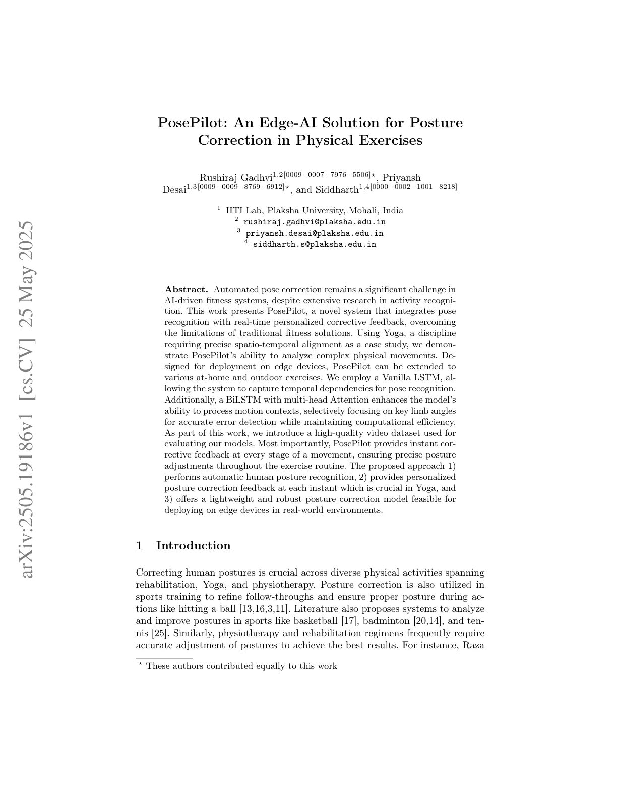 PosePilot: Edge-AI Solution for Posture Correction in Physical Exercises